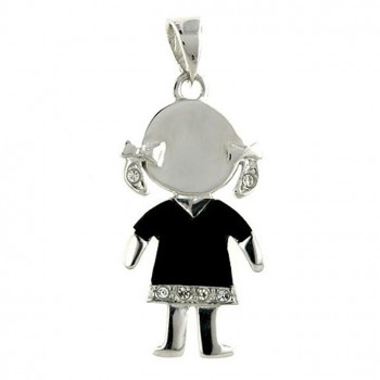 Sterling Silver Pendant Little Girl Wearing Onyx+Clear Cubic Zirconia Shirt