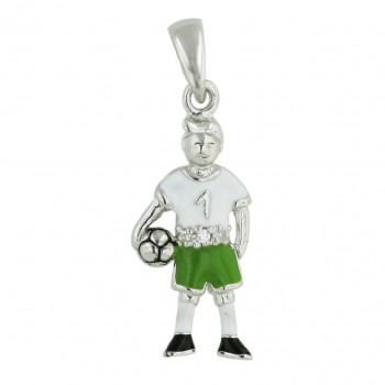 Sterling Silver Pendant Soccer Ball Player in Green Shorts