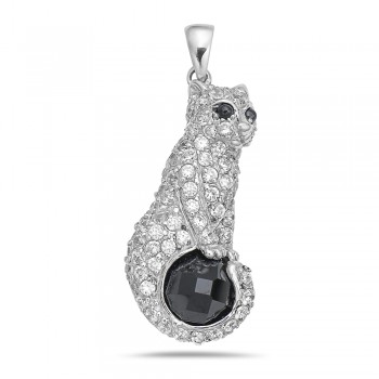 Sterling Silver Pendant Pave Clear Cubic Zirconia Cat with Black Cubic Zirconia Eyes+Chess Cut R