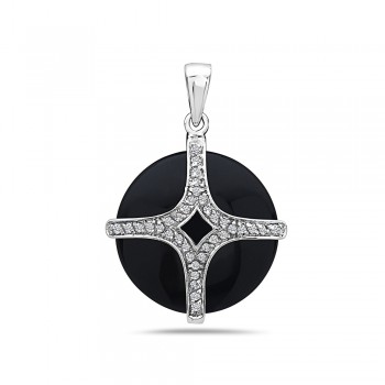 Sterling Silver Pendant 24mm Round Cabochon Onyx with Clear Cubic Zirconia Top