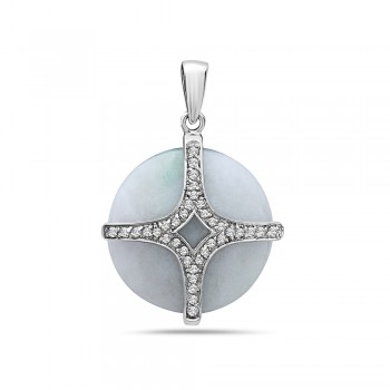 Sterling Silver Pendant 24mm Round Cabochon White Jade with Clear Cubic Zirconia T
