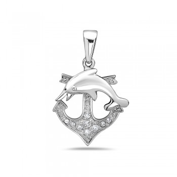 Sterling Silver Pendant Clear Cubic Zirconia Anchor+Plain Dolphin