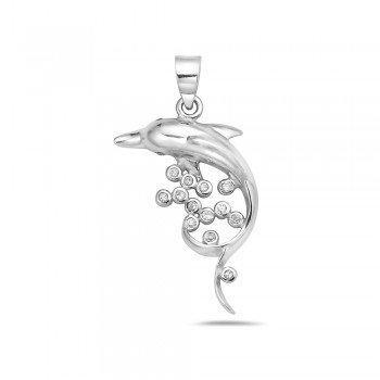 Sterling Silver Pendant Plain Dolphin with 12Pcs Clear Cubic Zirconia
