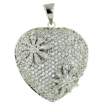 Sterling Silver Pendant Pave Clear Cubic Zirconia (W=35mm) Big Puff Heart with 2 Clear
