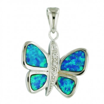 Sterling Silver Pendant Blue Opal#16 Butterfly with Clear Cubic Zirconia