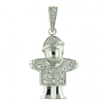 Sterling Silver Pendant Little Boy with Clear Cubic Zirconia Cap+T-Shirt