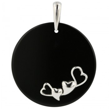 Sterling Silver Pendant 45mm Round Onyx with Plain+Open Heart