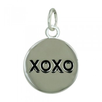 Sterling Silver Pendant 15mm Plain Round Oxidized Word "Xoxo"--E-coated