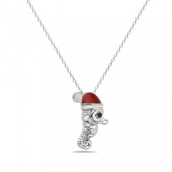 Sterling Silver Pendant Seahorse Black Eye with Red+Wh X-Mas Hat--Rhodium Plating--