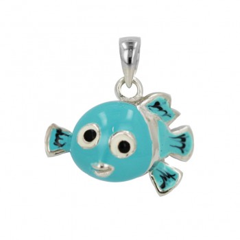 Sterling Silver Pendant Bl Fish with Black Eyes+Fins-Rhodium Plating-