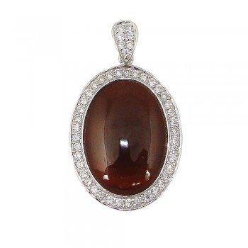 Sterling Silver Pendant 29X22mm Carnelian with Clear Cubic Zirconia Outline