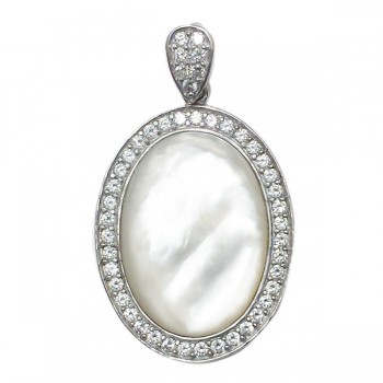 Sterling Silver Pendant 35X28mm White Mother of Pearl Oval Clear Cubic Zirconia Around