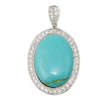Sterling Silver Pendant 29X22mm Faux Turquoise Clear Cubic Zirconia Outline