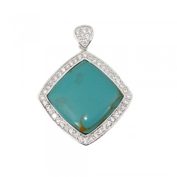 Sterling Silver Pendant Faux Turquoise Rhombus Clear Cubic Zirconia Outline