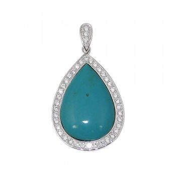 Sterling Silver Pendant Faux Turquoise Teardrop Clear Cubic Zirconia Outlin