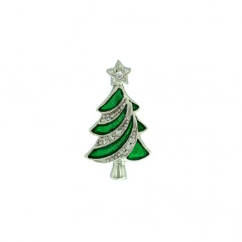 Sterling Silver Pendant Green Epoxy#43+Clear Cubic Zirconia Christmas Tree