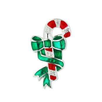 Sterling Silver Pendant Red Enamel+Clear Cubic Zirconia Candy Cane with Green Epox