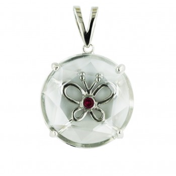 Sterling Silver Pendant 25mm Round Clear Cubic Zirconia+Open Synthetic Ruby#5 Butterfl