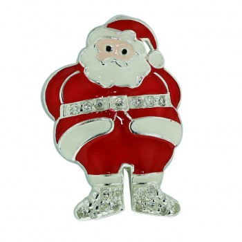 Sterling Silver Pendant X-Mas Red Suit+Hat White Beard with Clear Cubic Zirconia Belt