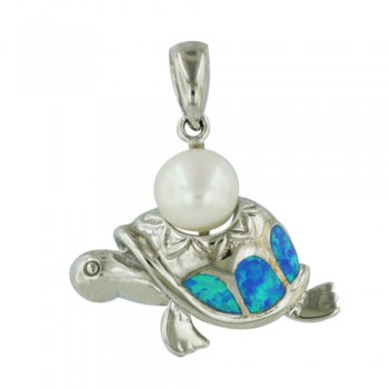 Sterling Silver Pendant 7.5mm White Fresh Water Pearl+Blue Opal (K-5) Turtle
