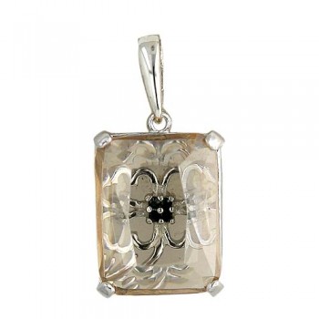 Sterling Silver Pendant (17X13mm) Rectangular Champagne Cubic Zirconia with Open Black Cubic Zirconia Flower