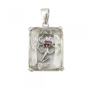Sterling Silver Pendant (30X25mm) Rectangular Clear Cubic Zirconia with Open Ruby (#5) Cor