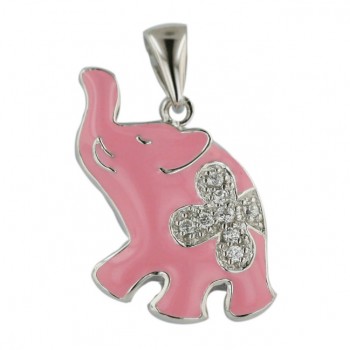 Sterling Silver Pendant Pink Enamel (#36) Elephant with Clear Cubic Zirconia Flower