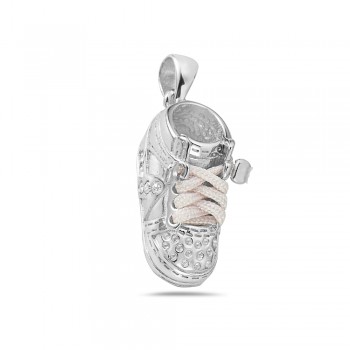 Sterling Silver Pendant Clear Crystal Shoe with Pink Rope Lace