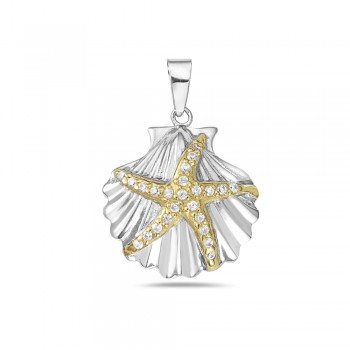 Sterling Silver Pendant 19mm Gold Tone Clear Cubic Zirconia Starfish Shell Line T