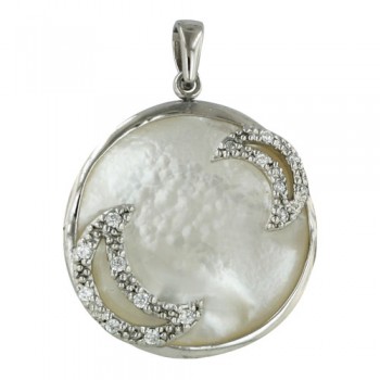 Sterling Silver Pendant 24.5mm Round White Mother of Pearl Bezel Set with Clear Cubic Zirconia Ope