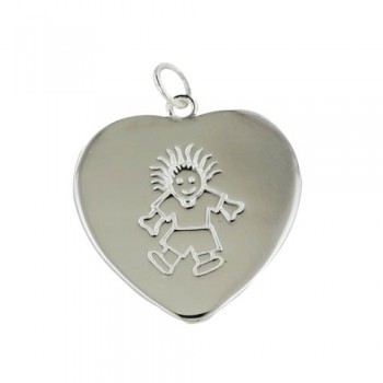 Sterling Silver Pendant 23mm Plain Heart with Engraved Boy Spiky Hair