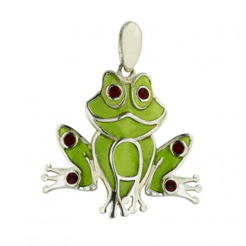 Sterling Silver Pendant 37X30mm Light Gr Frog with Rd Eyes+Leg Enamel