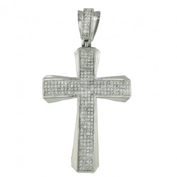 Sterling Silver Pendant 63X44mm Clear Cubic Zirconia Cross with Plain Silver Sides-