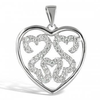 Sterling Silver Pendant W=23mm Plain Open Heart with Clear Cubic Zirconia Forming