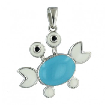 Sterling Silver Pendant Turquoise Blue+White Enamel Crab with Black Eyes