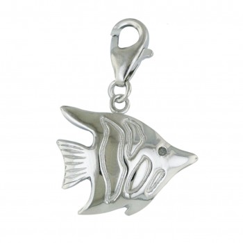 Sterling Silver Pendnant Plain Fish with 1 Pc Diamond--Rhodium Plating/Nickle Free--