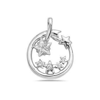 Sterling Silver Pendant Circle with Plain+5 Clear Cubic Zirconia Star