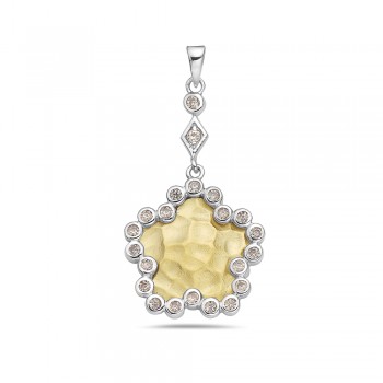 Sterling Silver Pendant 19X19mm 2 Tone Gold Hammered Star with Champagne Cubic Zirconia