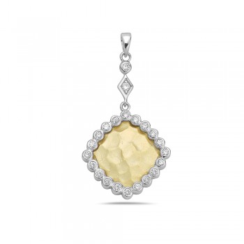 Sterling Silver Pendant 22X22mm 2 Tone Gold Rhombus with Champagne Cubic Zirconia Around