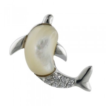 Sterling Silver Pendant White Mother of Pearl Dolphin with Clear Cubic Zirconia