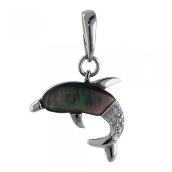 Sterling Silver Pendant Black Mother of Pearl Dolphin with Clear Cubic Zirconia