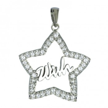 Sterling Silver Pendant Clear Cubic Zirconia Open Star with Silver Word Wish