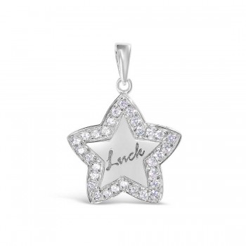 Sterling Silver Pendant Clear Cubic Zirconia Star with Word Luck