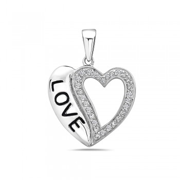 Sterling Silver Pendant Word Love Open Clear Cubic Zirconia Heart