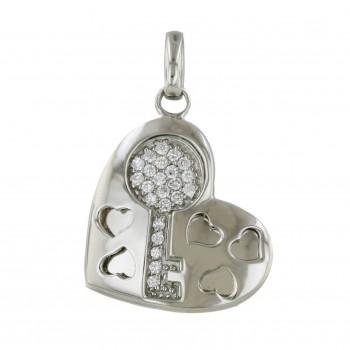 Sterling Silver Pendant Clear Cubic Zirconia Key with Silver Open Heart Layer