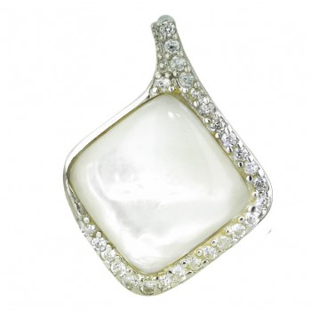 Sterling Silver Pendant 14.5X14.5mm Cushion White Mother of Pearl with Clear Cubic Zirconia Ar