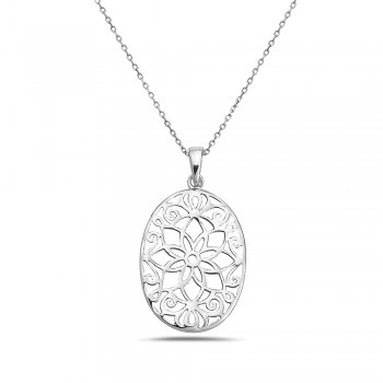 Sterling Silver Pendant 30X22mm Plain Open Oval Flowery Design--E-coated/