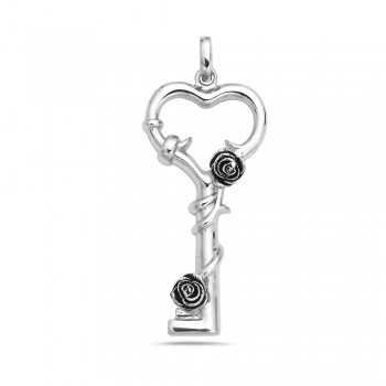 Sterling Silver Pendant Open Plain Heart Key with Oxidized Roses
