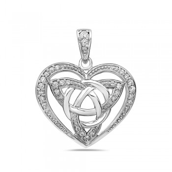 Sterling Silver Pendant 26mm Clear Cubic Zirconia Heart with Celtic Love Knot