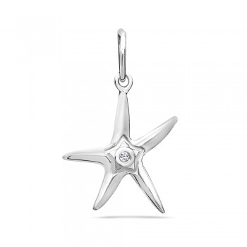 Sterling Silver Pendant Plain Starfish with Clear Cubic Zirconia Dot Ctr--Rhodium Plating/Nickle Free--
